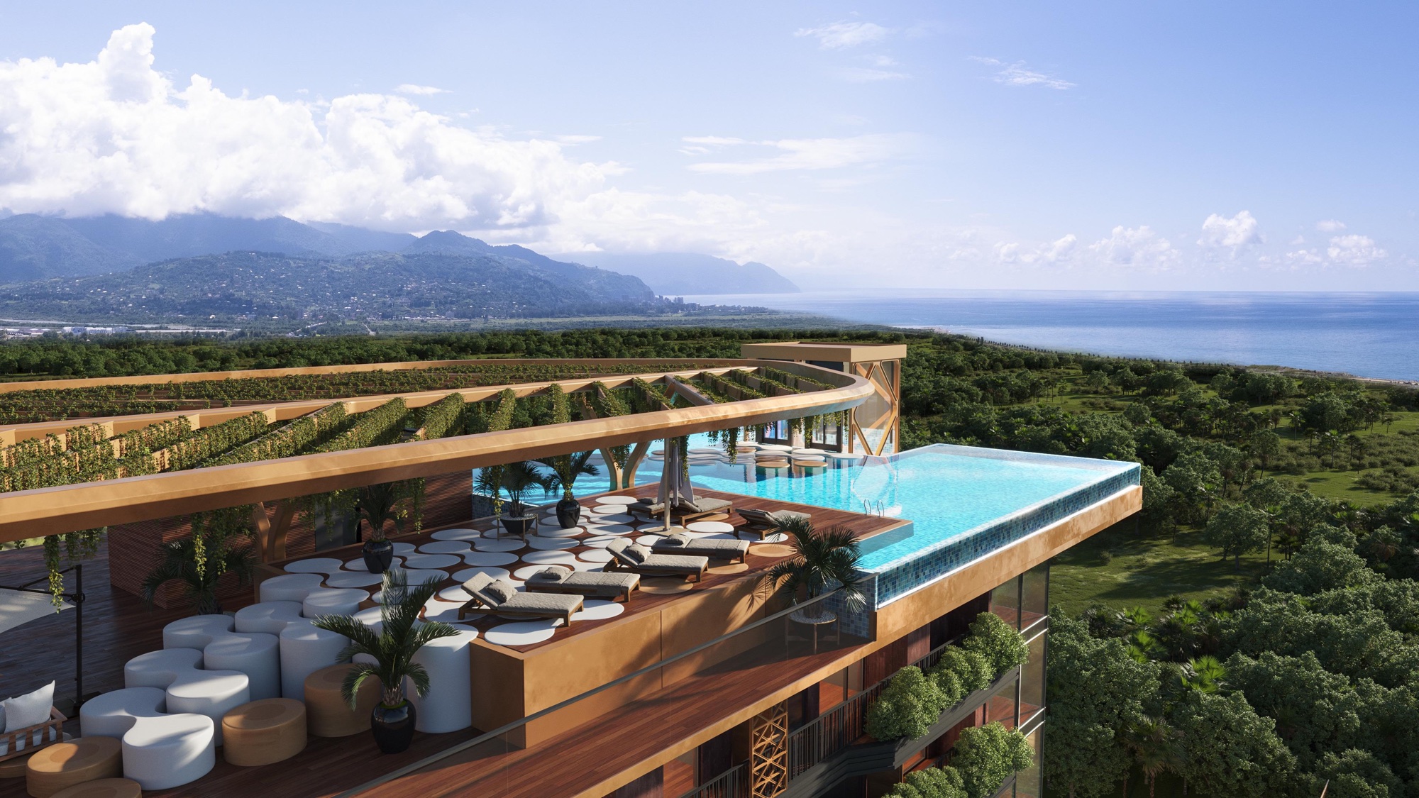 Visualisierung der Dachterrasse von Projekt 07 mit Pool und Meerblick